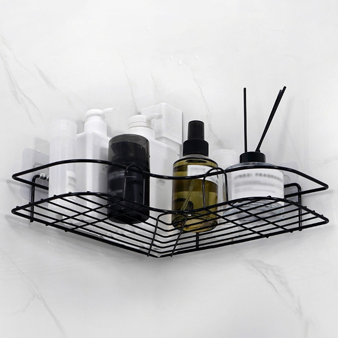 [Cast Iron Shower Shelf] 1pc Cast Iron Corner Shower Shelf - No-Drill Wall Mounted Black Wire Mesh Bathroom Storage Rack for Easy Access & Organization, Perfect for Shampoo, Conditioner, and Soap, Bathroom Storage Solution |