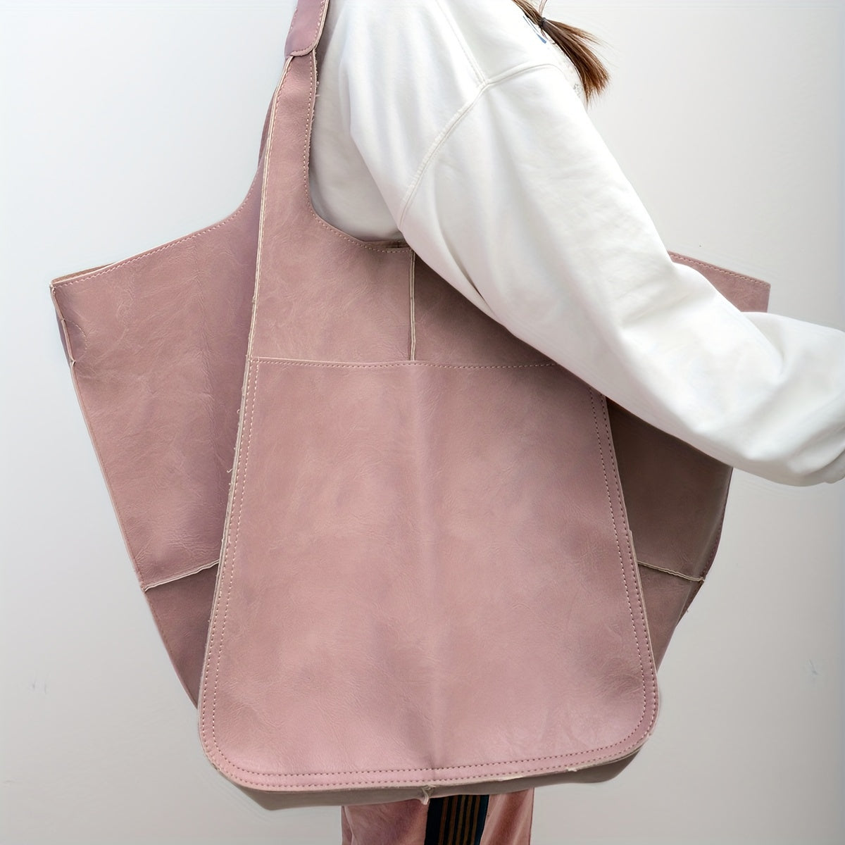 Retro Handmade Large Beach Tote Bag, High Capacity Zipper Shoulder Sling Bag with Fixed Straps, Solid Color Multifunctional Synthetic Handbag for, Beach Accessory | Retro Style Bag | Sturdy, Beach Bag