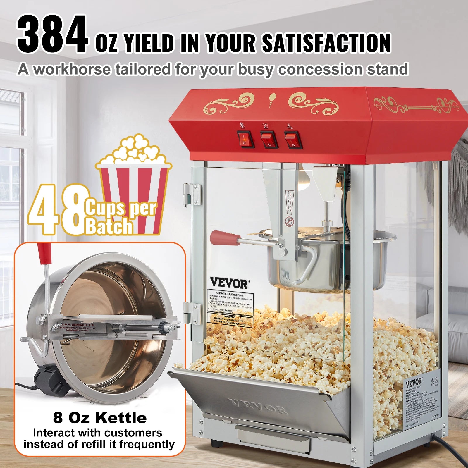 SucceBuy 8/12Oz Electric Popcorn Maker Commercial Popper Machine  Automatic Corn Cookware with Scoop Spoon 304 Heating Tube