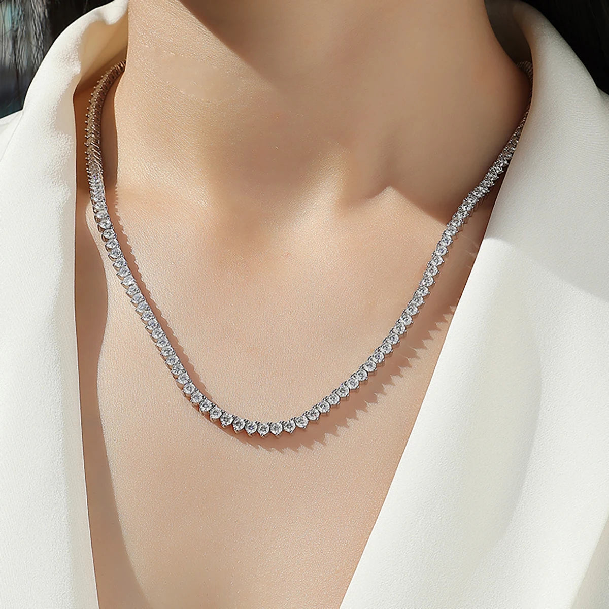 JIUZUAN Moissanite Tennis Necklace 925 Sterling Silver 18K Gold Plated V Shape Design for Women with GRA Certificate