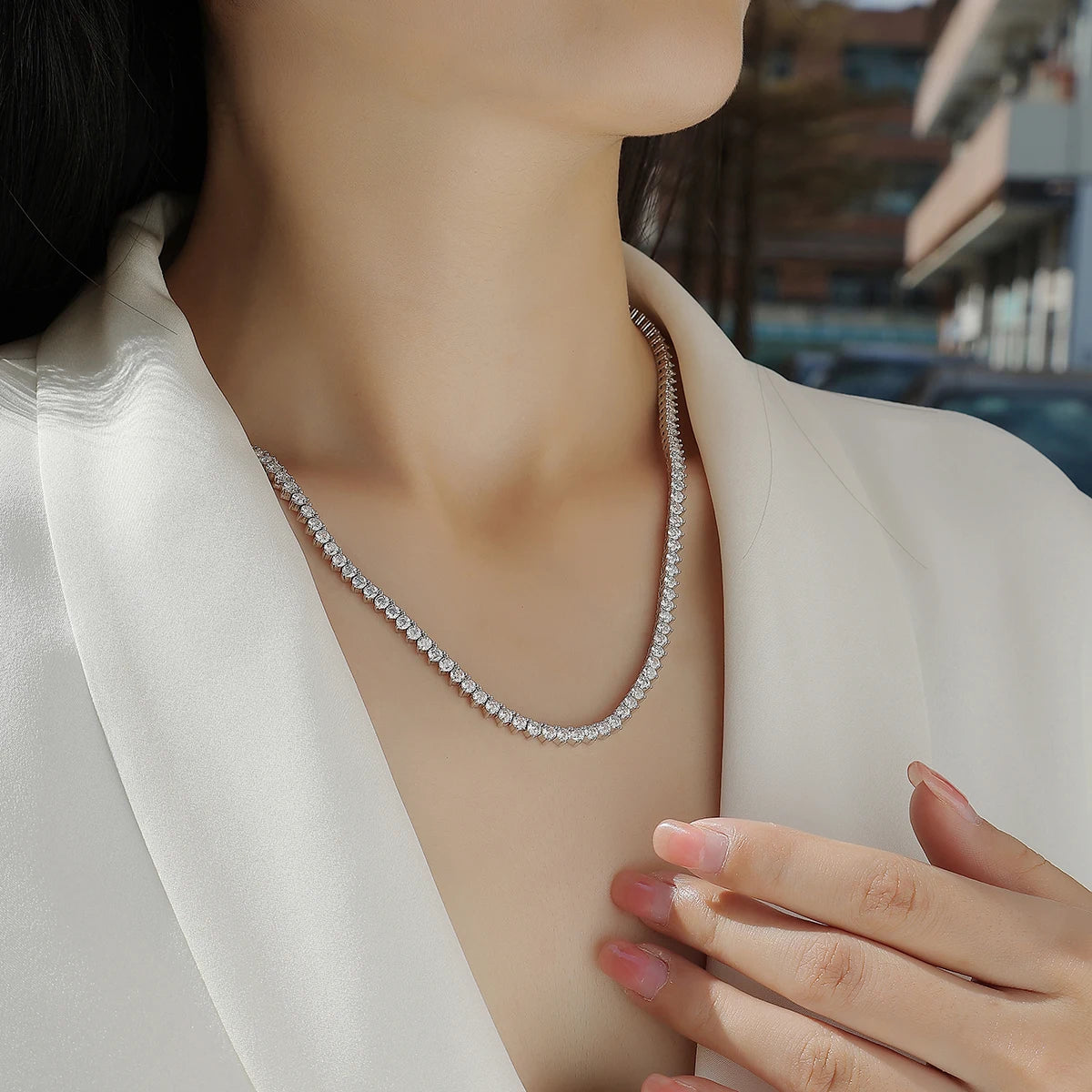 JIUZUAN Moissanite Tennis Necklace 925 Sterling Silver 18K Gold Plated V Shape Design for Women with GRA Certificate