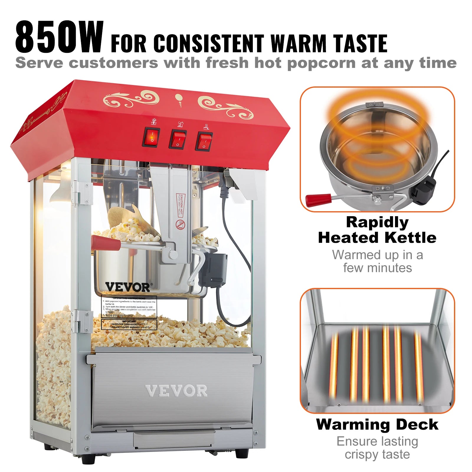 SucceBuy 8/12Oz Electric Popcorn Maker Commercial Popper Machine  Automatic Corn Cookware with Scoop Spoon 304 Heating Tube
