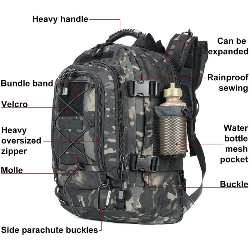 65L Outdoor Sports Backpack Waterproof Running Gym Bag Durable Hiking Backpack for Men & Women, Travel Daypack